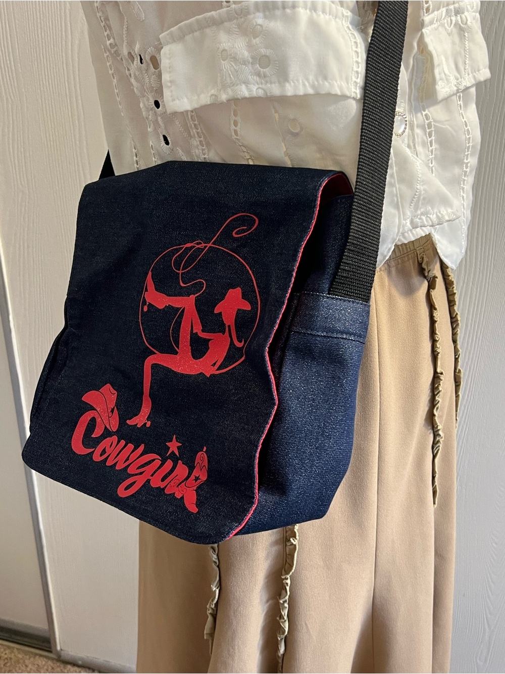 Cowgirl Graphic Navy Denim Crossbody Bag with Red Accents